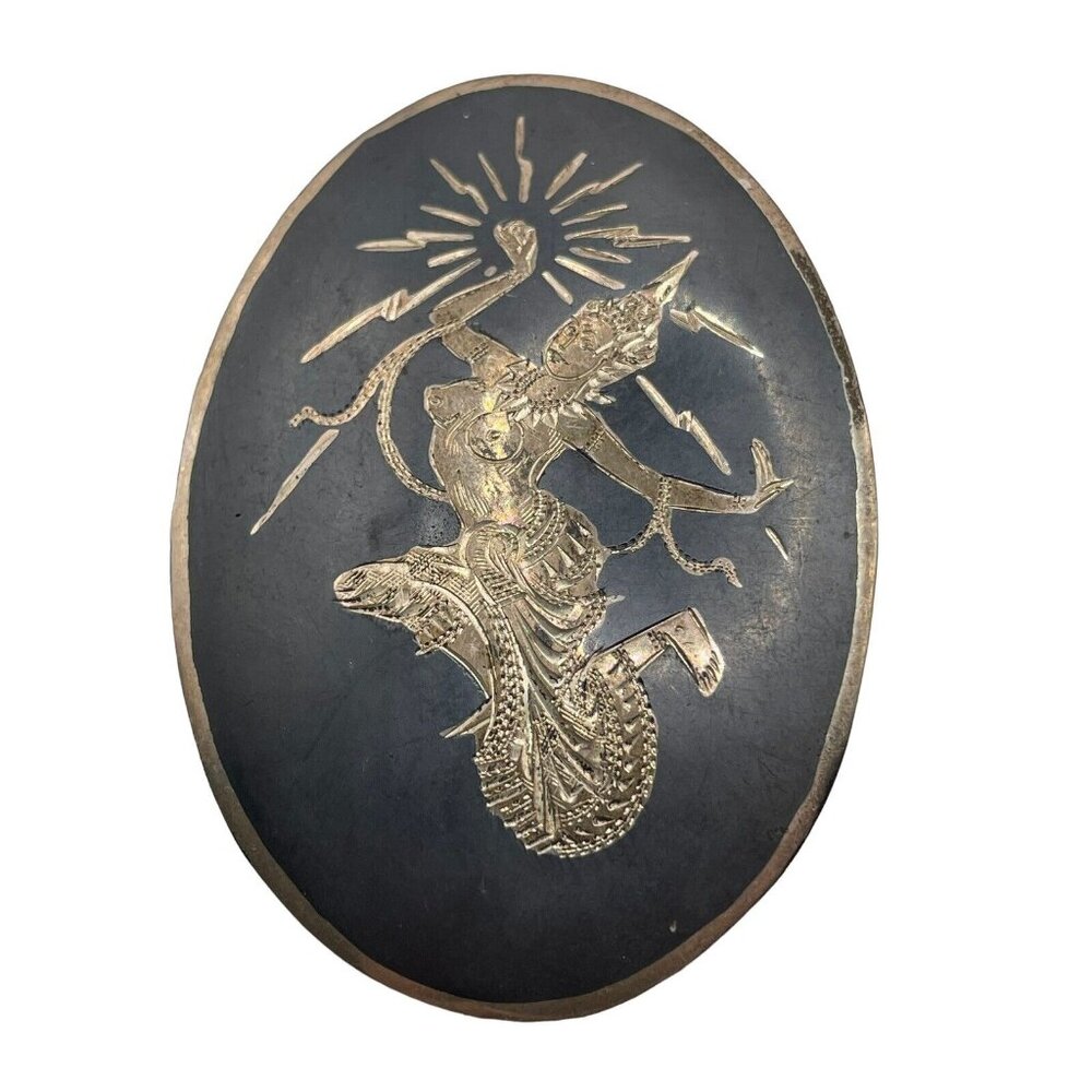 VTG‎ Sterling Silver Siam Niello Dancer Goddess Thailand Brooch Pin Blue Enamel